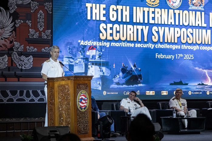 BALI, Indonesia (Feb. 17, 2025) - Adm. Steve Koehler, commander, U.S. Pacific Fleet, delivers remarks during the 6th International Maritime Security Symposium (IMSS), held in conjunction with Multilateral Naval Exercise Komodo (MNEK) 2025, in Bali, Indonesia, Feb. 17. The IMSS is the largest international symposium event organized by the Indonesian Navy that brings naval leaders from around the world to discuss the latest maritime issues. (U.S. Navy photo by Mass Communication Specialist 1st Class Caroline H. Lui)