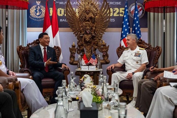 Adm. Steve Koehler, commander, U.S. Pacific Fleet, right, speaks with Sjafrie Sjamsoeddin, Indonesia’s minister of defense, during the 6th International Maritime Security Symposium (IMSS), held in conjunction with Multilateral Naval Exercise Komodo (MNEK) 2025, in Bali, Indonesia, Feb. 17.