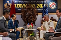 BALI, Indonesia (Feb. 17, 2025) - Adm. Steve Koehler, commander, U.S. Pacific Fleet, right, speaks with H. E. Arif Havas Oegroseno, Indonesia’s vice minister for foreign affairs, during the 6th International Maritime Security Symposium (IMSS), held in conjunction with Multilateral Naval Exercise Komodo (MNEK) 2025, in Bali, Indonesia, Feb. 17. The IMSS is the largest international symposium event organized by the Indonesian Navy that brings naval leaders from around the world to discuss the latest maritime issues. (U.S. Navy photo by Mass Communication Specialist 1st Class Caroline H. Lui)