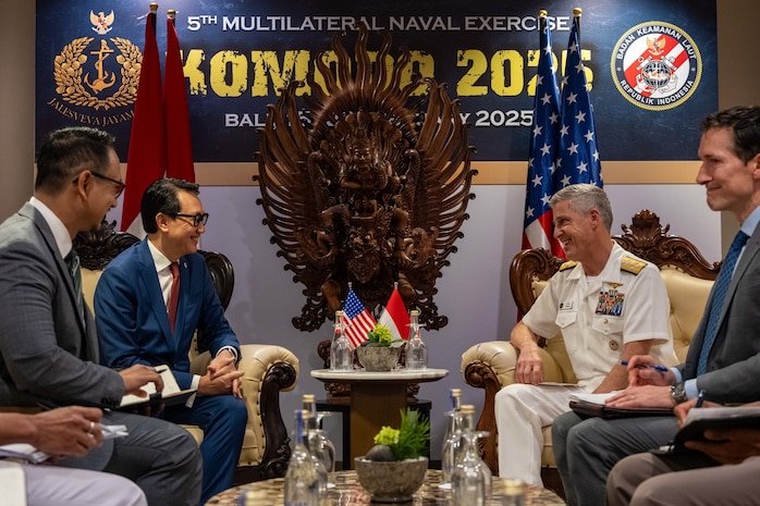 BALI, Indonesia (Feb. 17, 2025) - Adm. Steve Koehler, commander, U.S. Pacific Fleet, right, speaks with H. E. Arif Havas Oegroseno, Indonesia’s vice minister for foreign affairs, during the 6th International Maritime Security Symposium (IMSS), held in conjunction with Multilateral Naval Exercise Komodo (MNEK) 2025, in Bali, Indonesia, Feb. 17. The IMSS is the largest international symposium event organized by the Indonesian Navy that brings naval leaders from around the world to discuss the latest maritime issues. (U.S. Navy photo by Mass Communication Specialist 1st Class Caroline H. Lui)
