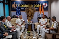 BALI, Indonesia (Feb. 17, 2025) - Adm. Steve Koehler, commander, U.S. Pacific Fleet, center left, speaks with Vice Adm. Vineet McCarty, Indian Navy controller personnel services, center right, during the 6th International Maritime Security Symposium (IMSS), held in conjunction with Multilateral Naval Exercise Komodo (MNEK) 2025 in Bali, Indonesia, Feb. 17. The IMSS is the largest international symposium event organized by the Indonesian Navy that brings naval leaders from around the world to discuss the latest maritime issues. (U.S. Navy photo by Mass Communication Specialist 1st Class Caroline H. Lui)