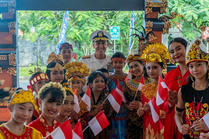 BALI, Indonesia (Feb. 16, 2025) - Adm. Steve Koehler, commander, U.S. Pacific Fleet, center, poses for a photo with members of the Indonesian welcoming party before the opening ceremony of Multilateral Naval Exercise Komodo (MNEK) 2025 in Bali, Indonesia, Feb. 16. Hosted by the Indonesian Navy, MNEK 2025 is an international, joint exercise taking place in the vicinity of Bali, Indonesia, emphasizing multilateral maritime cooperation and disaster response. (U.S. Navy photo by Mass Communication Specialist 1st Class Caroline H. Lui)