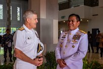 BALI, Indonesia (Feb. 16, 2025) - Adm. Muhammad Ali, chief of staff of the Indonesian Navy, right, greets Adm. Steve Koehler, commander, U.S. Pacific Fleet, as he arrives for the opening ceremony of Multilateral Naval Exercise Komodo (MNEK) 2025 in Bali, Indonesia, Feb. 16. Hosted by the Indonesian Navy, MNEK 2025 is an international, joint exercise taking place in the vicinity of Bali, Indonesia, emphasizing multilateral maritime cooperation and disaster response. (U.S. Navy photo by Mass Communication Specialist 1st Class Caroline H. Lui)