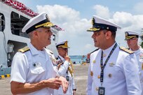 BALI, Indonesia (Feb. 16, 2025) - Adm. Steve Koehler, commander, U.S. Pacific Fleet, left, greets Vice Adm. Juan Ricardo Rozo Obregón, Columbia's chief of navy, during Multilateral Naval Exercise Komodo (MNEK) 2025 in Bali, Indonesia, Feb. 16. Hosted by the Indonesian Navy, MNEK 2025 is an international, joint exercise taking place in the vicinity of Bali, Indonesia, emphasizing multilateral maritime cooperation and disaster response. (U.S. Navy photo by Mass Communication Specialist 1st Class Caroline H. Lui)