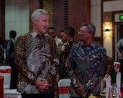 BALI, Indonesia (Feb. 16, 2025) - Adm. Steve Koehler, commander, U.S. Pacific Fleet, left, greets Commodore Higínio das Neves, commander, Naval Component of the Timor-Leste Defense Force, before joining him at a table for the Multilateral Naval Exercise Komodo (MNEK) 2025 welcome dinner in Bali, Indonesia, Feb. 16. Hosted by the Indonesian Navy, MNEK 2025 is an international, joint exercise taking place in the vicinity of Bali, Indonesia, emphasizing multilateral maritime cooperation and disaster response protocols. (U.S. Navy photo by Mass Communication Specialist 1st Class Caroline H. Lui)
