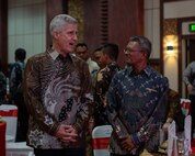 BALI, Indonesia (Feb. 16, 2025) - Adm. Steve Koehler, commander, U.S. Pacific Fleet, left, greets Commodore Higínio das Neves, commander, Naval Component of the Timor-Leste Defense Force, before joining him at a table for the Multilateral Naval Exercise Komodo (MNEK) 2025 welcome dinner in Bali, Indonesia, Feb. 16. Hosted by the Indonesian Navy, MNEK 2025 is an international, joint exercise taking place in the vicinity of Bali, Indonesia, emphasizing multilateral maritime cooperation and disaster response protocols. (U.S. Navy photo by Mass Communication Specialist 1st Class Caroline H. Lui)
