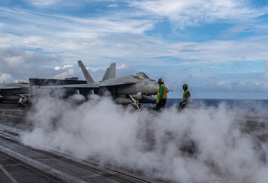 PHILIPPINE SEA (Feb. 14, 2025) — Sailors conduct flight operations on the flight deck of the Nimitz-class aircraft carrier USS Carl Vinson (CVN 70) in the Philippine Sea during Pacific Steller 2025, Feb. 14. The Carl Vinson Carrier Strike Group is underway conducting Pacific Steller 2025, a multi-large deck event with the French Carrier Strike Group and Japan Maritime Self-Defense Force, fostering our alliance and maritime security in support of a secure and prosperous Indo-Pacific. (U.S. Navy photo by Mass Communication Specialist 3rd Class Nate Jordan)