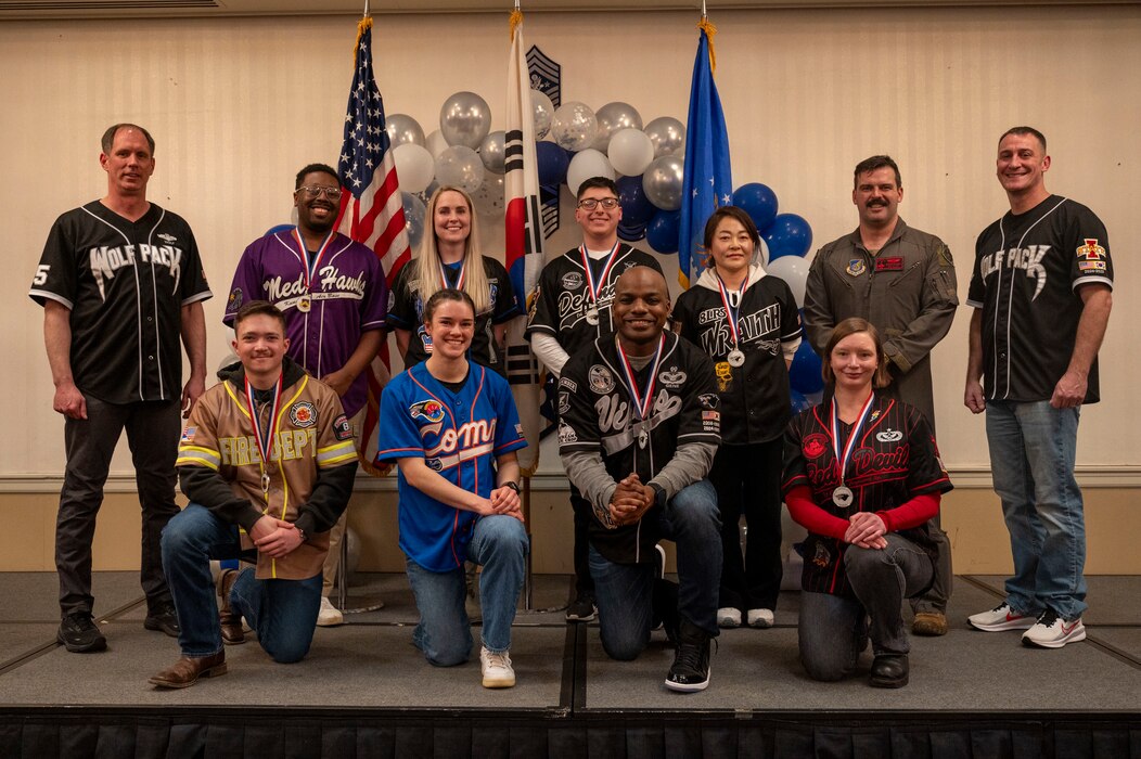 8th Fighter Wing annual award winners pose for a photo on Kunsan Air Base, Republic of Korea, Feb. 14, 2025.