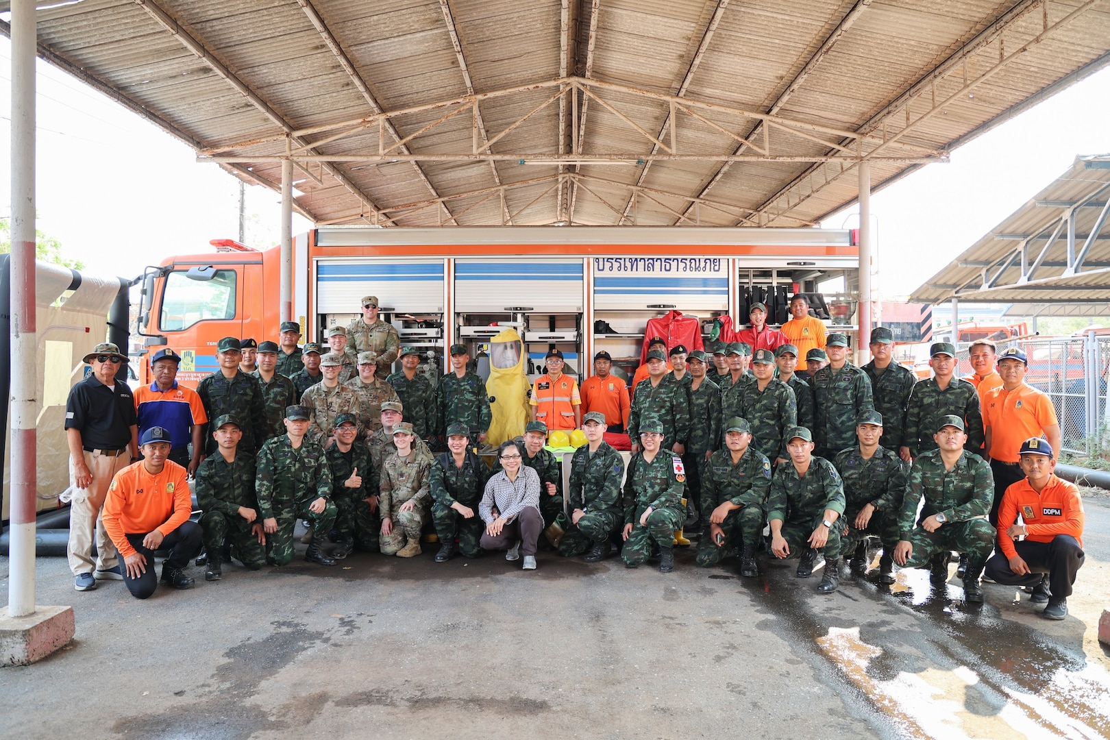 Washington National Guard and Royal Thai Army Soldiers pose for a photo following a CBRNE response and emergency medical operations exchange of the State Partnership Program partners in Thailand Feb. 6, 2025.