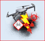 A drone, lightning bolt, an image of skull and cross bones, a radioactive warning circle sign, and a biohazard sign are all juxtaposed among one another.