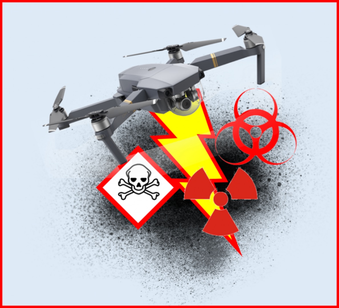 A drone, lightning bolt, an image of skull and cross bones, a radioactive warning circle sign, and a biohazard sign are all juxtaposed among one another.