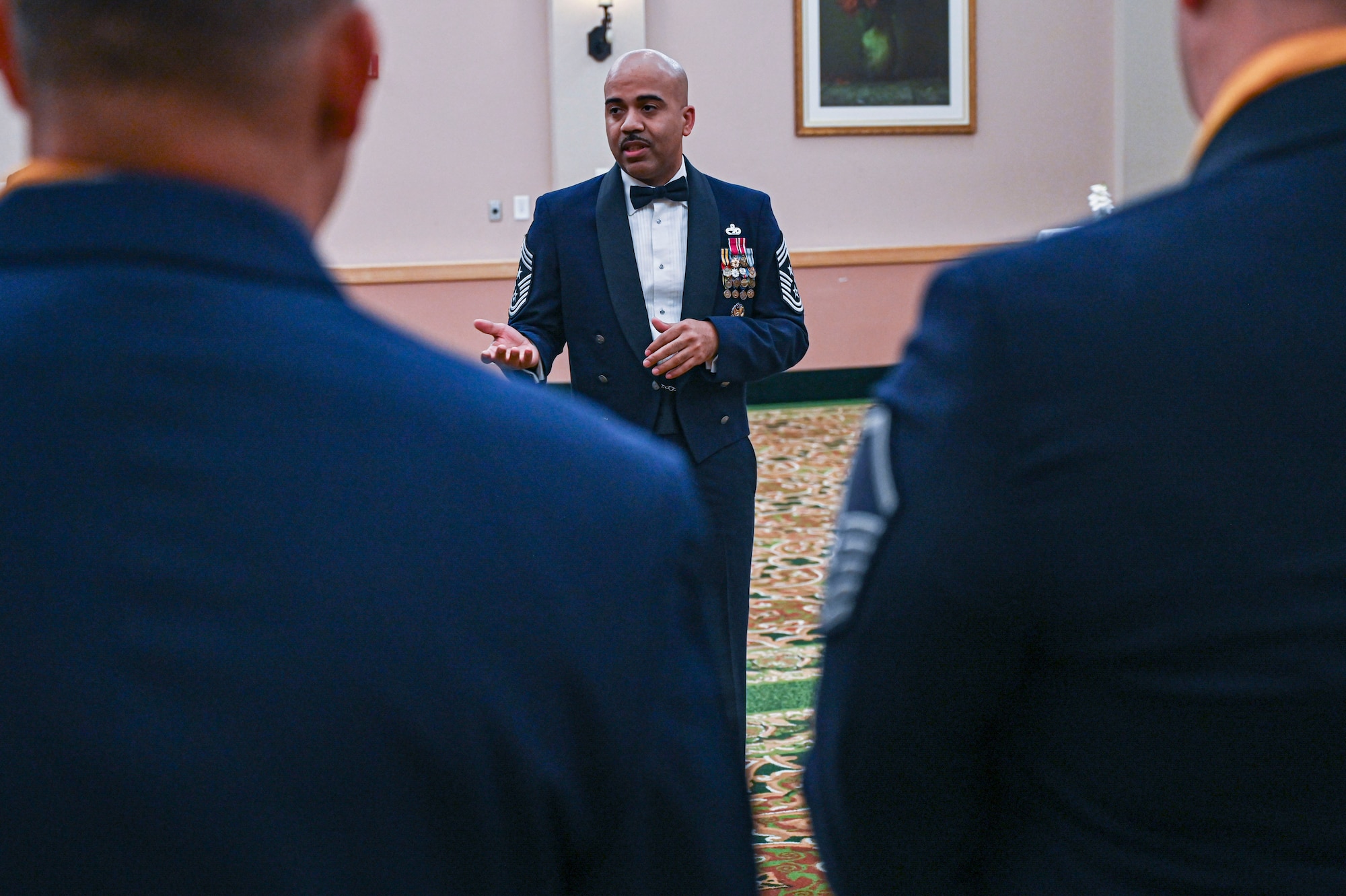 Chief Master Sgt. Israel Nuñez, Senior Enlisted Advisor to the Chief of Air Force Reserve, speaks to annual award nominees before the 14th Annual Alamo Wing Awards Banquet at the Gateway Club on Joint Base San Antonio-Lackland, Texas Feb. 01, 2025.