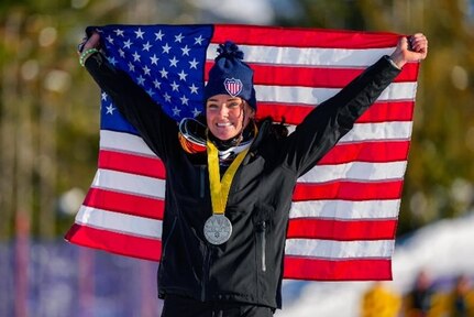 Marine Corps Sgt. Lydia Figary wins silver in women’s snowboarding at the 2025 Winter Invictus Games at Whistler/Vancouver, Canada.