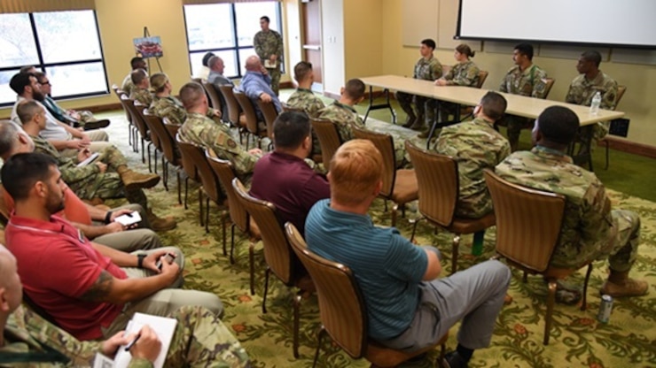 Members of Second Air Force attend an Airmen in Training panel discussion during the Second Air Force Technical Training-101 Seminar inside the Bay Breeze Event Center at Keesler Air Force Base, Mississippi, Oct. 25, 2022.