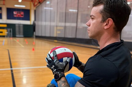 Master Sgt. Mike Haley, in wheelchair rugby practice at Joint Base Lewis McChord during the 2025 Team U.S. Invictus Games Training Camp located at Joint Base Lewis-McChord (JBLM), Washington, February 2 – 5, 2025.