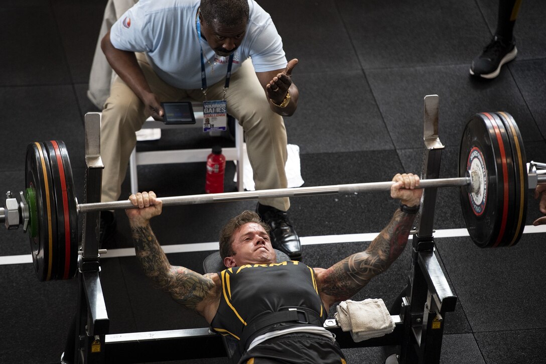 Army Master Sgt. Michael Haley competes in the powerlifting competition for the 2023 DoD Warrior Games at Naval Base Coronado in San Diego, Calif., June 3, 2023.