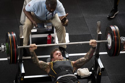 Army Master Sgt. Michael Haley competes in the powerlifting competition for the 2023 DoD Warrior Games at Naval Base Coronado in San Diego, Calif., June 3, 2023.