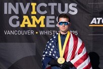 Army Master Sgt Michael Haley wins gold in the men’s biathlon at the 2025 Winter Invictus Games at Whistler/Vancouver, Canada.