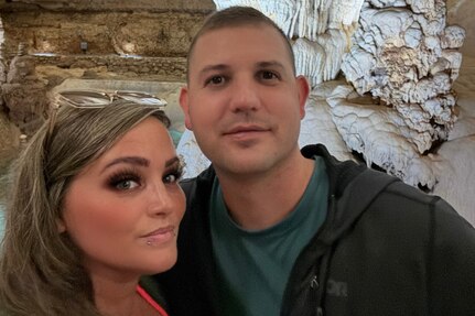 Army Master Sgt Aaron Frederick and his wife Marissa at Natural Bridge Caverns in San Antonio, Texas, Nov 14, 2024.