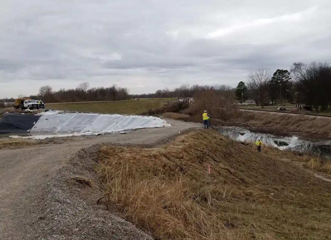 IN THE PHOTO, Ed Dean and Josh Beam from our Geospatial Branch packed up their gear last Friday (March 1) and headed to Mound City, Illinois. They carried with them our new Department of Defense approved Unmanned Aerial Vehicle (UAV). They used this new technology to capture some aerial imagery of the Mound City Cofferdam. The Corps of Engineers put the cofferdam in place in July 2018 in order to replace the Mound City South culvert in the mainline Ohio River levee.