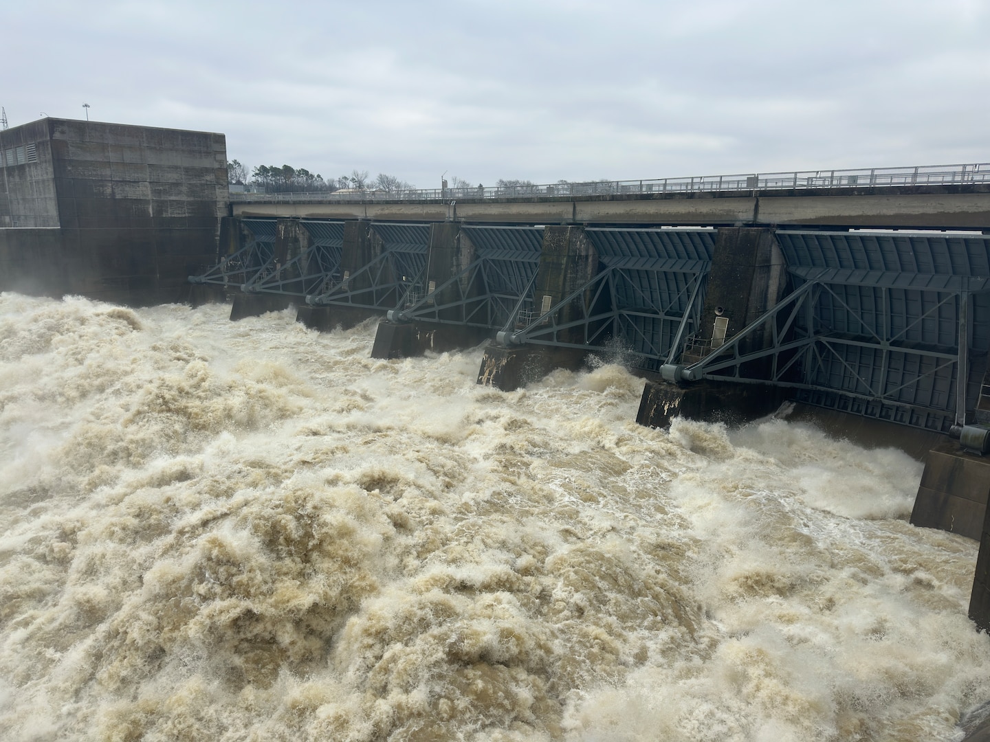Old Hickory Lock and Dam is currently releasing 80,000 cubic feet per second (cfs) of water as part of flood control operations along the Cumberland River Feb. 16, 2025.