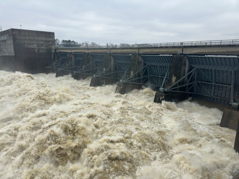 Old Hickory Lock and Dam is currently releasing 80,000 cubic feet per second (cfs) of water as part of flood control operations along the Cumberland River Feb. 16, 2025.