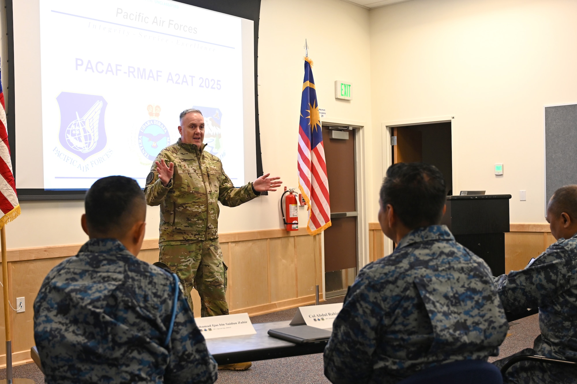 Maj. Gen. Gent Welsh, Washington National Guard Commander, welcomes participants of the Seventh Annual Airman-to-Airman Talks at Camp Murray, Washington, February, 11, 2025. The three-day program focused on professional development, air domain awareness, and strengthening relationships between Pacific Air Forces, Washington Air National Guard, and Royal Malaysian Air Force. (U.S. Air National Guard Photo by Master Sergeant Brandy Burke)