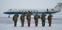 Team Minot leadership salute the plane carrying U.S. Air Force Gen. Jim Slife, Air Force vice chief of staff VCSAF), in preparation for a base and operations tour at Minot Air Force Base, North Dakota, Feb. 15, 2025. Slife visited Minot AFB to discuss facilities sustainment, restoration and
modernization. (U.S. Air Force photo by Airman 1st Class Wesley Davies)