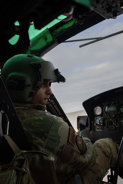 U.S. Air Force Capt. Damon Lappe, 54th Helicopter Squadron (54HS) UH-1N Iroquois pilot, prepares for lift off at Minot Air Force Base, North Dakota, Feb. 7, 2025. An important mission of the 54HS is to provide integrated rapid security response capabilities to Team Minot. (U.S. Air Force photo by Senior Airman Alyssa Bankston)