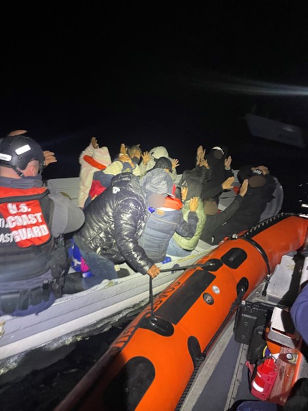 The crew of the Coast Guard Cutter Haddock interdicts 20 aliens aboard a 30-foot-panga-style-vessel approximately 21 miles west of Point Loma, California, Feb. 19, 2025.