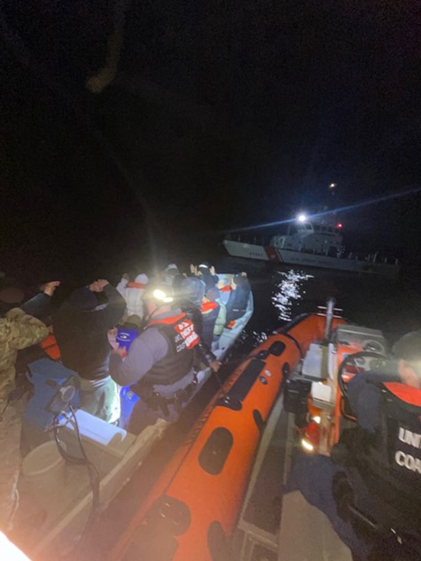 The crew of the Coast Guard Cutter Haddock interdicts 20 aliens aboard a 30-foot-panga-style-vessel approximately 21 miles west of Point Loma, California, Feb. 19, 2025.