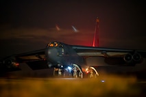 Ground crew members conduct post-flight checks on a U.S. Air Force B-52H Stratofortress aircraft at RAF Fairford, England, after completing a Bomber Task Force 25-2 deployment mission, Feb. 18, 2025. These operations validate the Air Force’s ability to execute long-range strike capabilities. (U.S. Air Force photo by Staff Sgt. Kristen Heller)