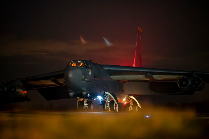 Ground crew members conduct post-flight checks on a U.S. Air Force B-52H Stratofortress aircraft at RAF Fairford, England, after completing a Bomber Task Force 25-2 deployment mission, Feb. 18, 2025. These operations validate the Air Force’s ability to execute long-range strike capabilities. (U.S. Air Force photo by Staff Sgt. Kristen Heller)
