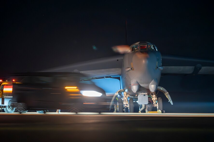 Ground crew members conduct post-flight checks on a U.S. Air Force B-52H Stratofortress aircraft at RAF Fairford, England, after completing a Bomber Task Force 25-2 deployment mission, Feb. 18, 2025. BTF missions strengthen partnerships with NATO Allies and improve joint readiness. (U.S. Air Force photo by Staff Sgt. Kristen Heller)