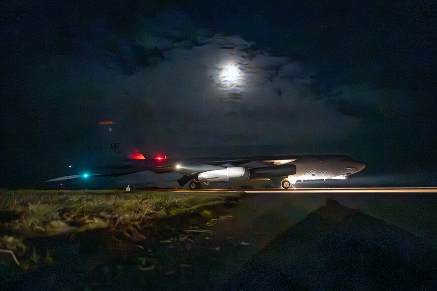 A U.S. Air Force B-52H Stratofortress aircraft assigned to the 69th Expeditionary Bomb Squadron rolls down the taxiway at RAF Fairford, England, after landing from its first sortie for the Bomber Task Force 25-2 deployment, Feb. 18, 2025. Regular bomber deployments ensure the force remains ready to execute strategic deterrence and global strike operations. (U.S. Air Force photo by Staff Sgt. Kristen Heller)