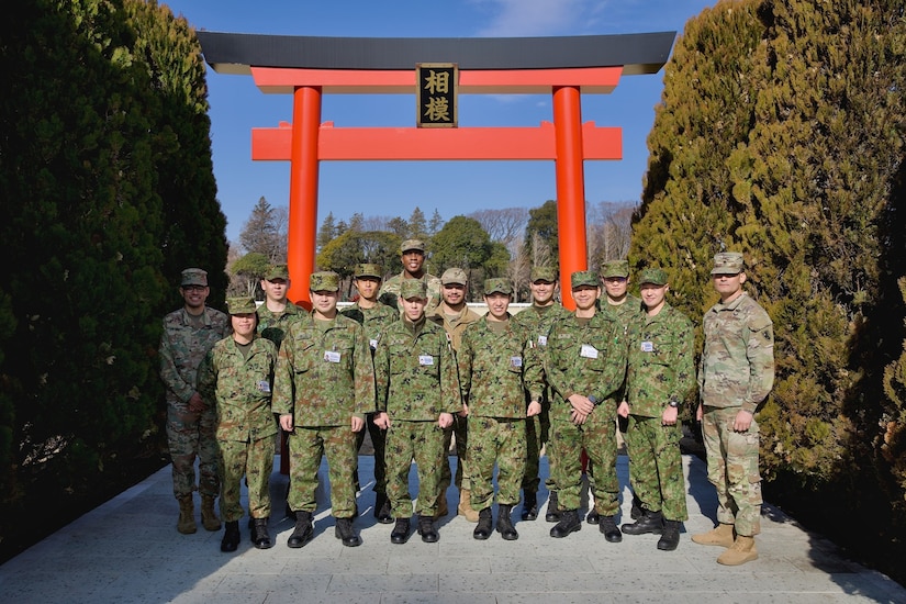 Japanese Ground Self Defense Force Soldiers receive a mission brief about the 38th Air Defense Artillery Brigade integrated air and missile defense, command and control structure and the brigade has been working closely with various allies and partners throughout the Indo-Pacific theater at the brigade headquarters on February 12, 2025.