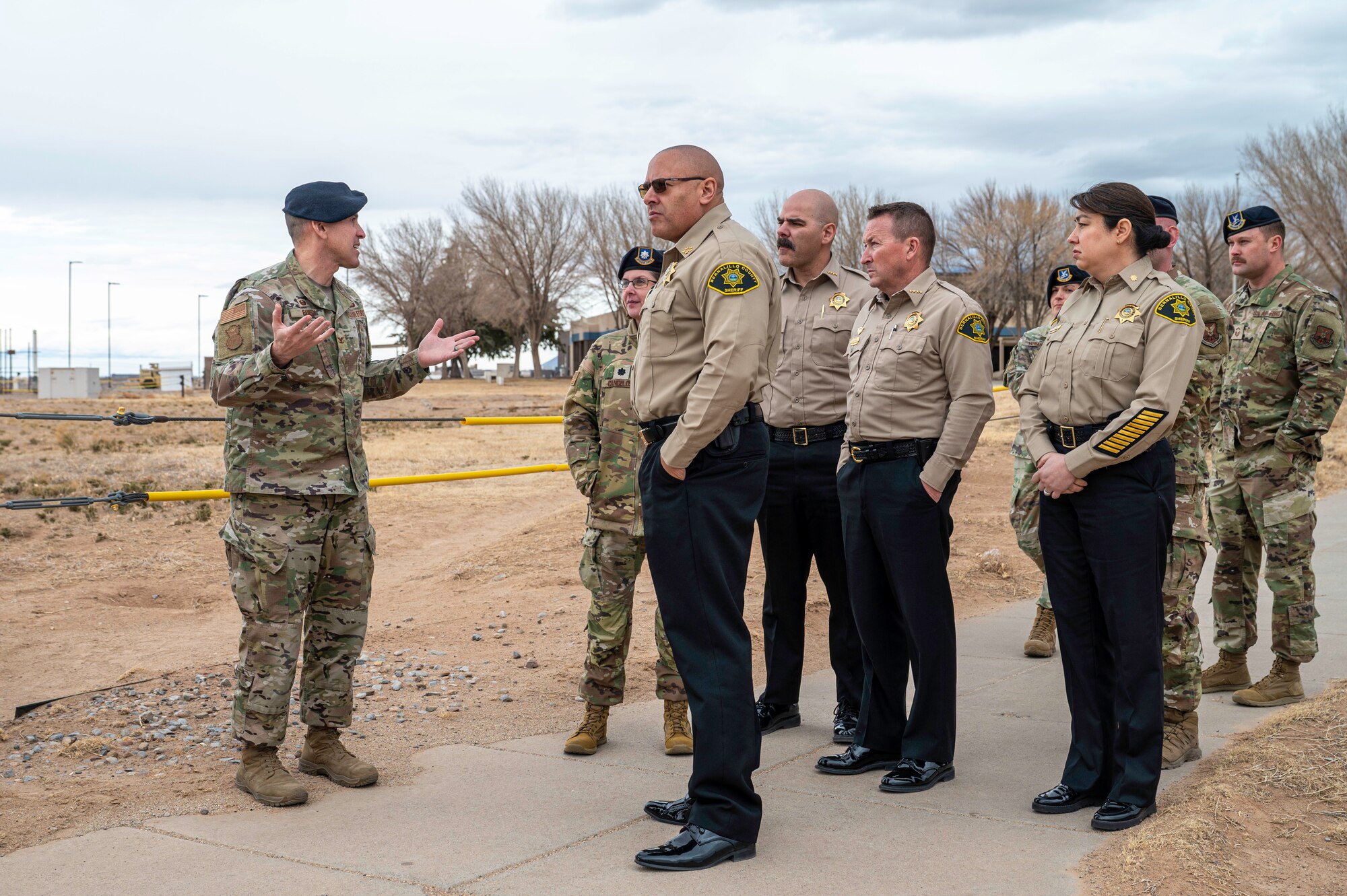 Col. Matthew Foisy, 377th Security Forces Group commander, explains the responsibilities of the 377th Weapons System Security Squadron to leadership from the Bernalillo County Sheriff’s Office during an immersion tour at Kirtland Air Force Base, N.M., Feb. 18.