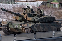 A Republic of Korea Army K-2 Black Panther assigned to the 112th Mechanized Infantry Battalion moves during a joint exercise in Hongcheon, Republic of Korea, Feb. 13, 2025.