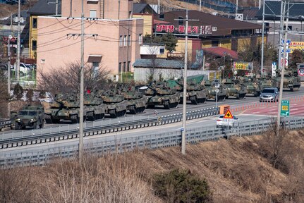 Republic of Korea Army 112th Mechanized Infantry Battalion troops and vehicles rally during a joint exercise in Hongcheon, Republic of Korea, Feb. 13, 2025.