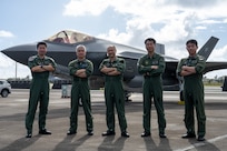 From left: Japan Air Self-Defense Force Col. Takeshi Okubo, flight group commander, 3rd Air Wing; Col. Keisuke Sakamoto, head of the Exercise and Training Division for the Air Defense Command; Maj. Gen. Yukinori Yanagi, director of Defense Plans and Operations Directorate at the Air Defense Command headquarters; Col. Hideki Tomizaki, commander of the 3rd Tactical Airlift Group and Miho Air Base; Lt. Col. Shinji Isyama, chief of the KC-46A program at the HQ 3rd Tactical Lift Airlift Wing; pose for a photo in front of a JASDF F-35A Lightning II on the flightline during exercise Cope North 25 at Andersen Air Force Base, Guam, Feb. 13, 2025.