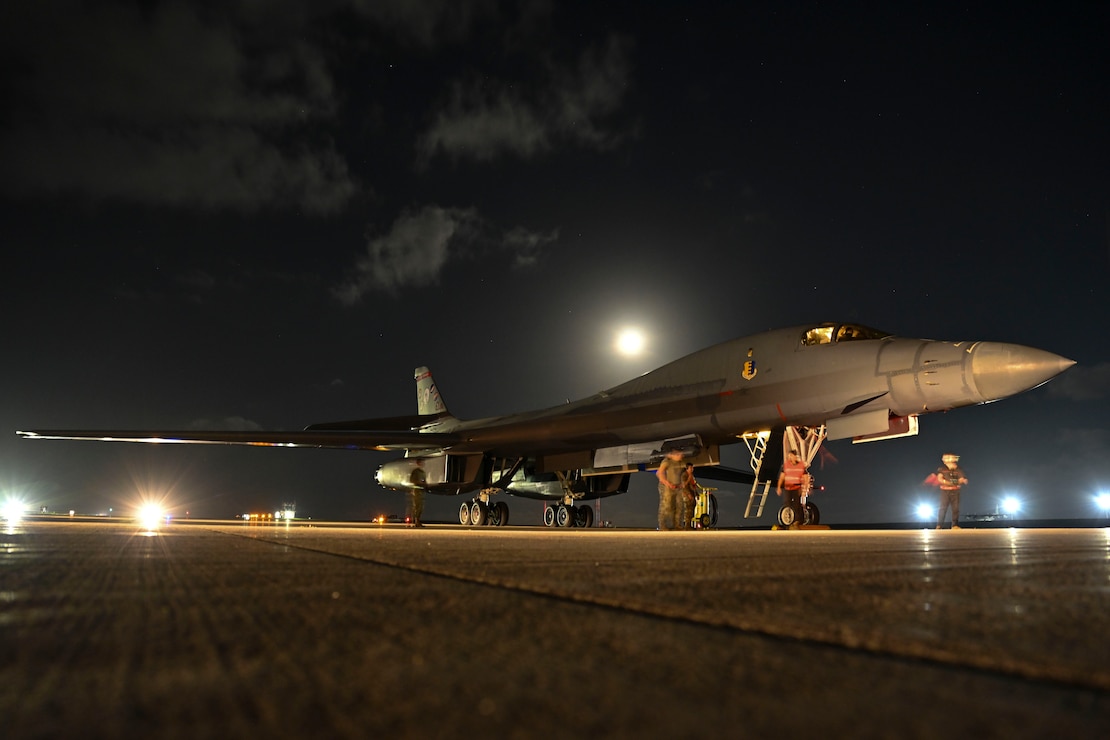 A U.S. Air Force B-1B Lancer assigned to the 34th Expeditionary Bomb Squadron, Ellsworth Air Force Base, S.D., undergoes routine maintenance after its return to Andersen Air Force Base, Guam, after completing a mission in support of U.S. participation at the Aero India 2025 air show, Feb. 16, 2025.