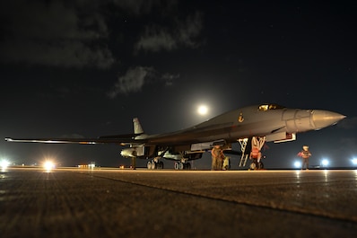 ANDERSEN AIR FORCE BASE, Guam (Feb. 16, 2025) — A U.S. Air Force B-1B Lancer assigned to the 34th Expeditionary Bomb Squadron, Ellsworth Air Force Base, S.D., undergoes routine maintenance after its return to Andersen Air Force Base, Guam, after completing a mission in support of U.S. participation at the Aero India 2025 air show, Feb. 16, 2025. Aero India 2025 is a forum to showcase U.S. defense aircraft and equipment while contributing towards compatibility and interoperability with other countries. (U.S. Air Force photo by Senior Airman Brittany Kenney)