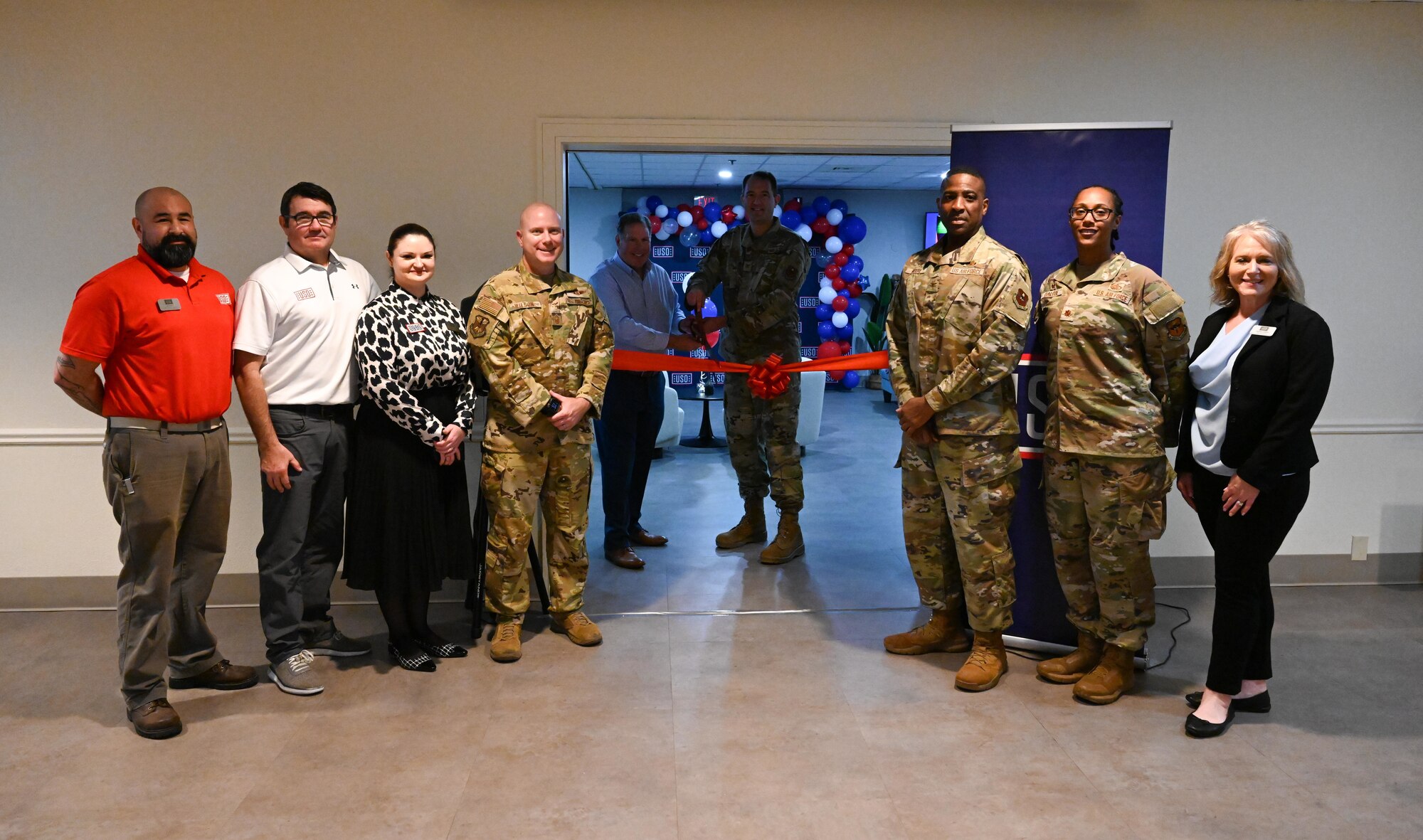 Laughlin Air Force Base and United Service Organizations (USO) leadership cut the ribbon opening the new USO day room at the day room ribbon cutting ceremony at Laughlin Air Force Base, Feb. 4, 2025. This is the first time in Laughlin’s history to have a physical location on base, providing a dedicated space for the USO to deliver their mission at a regular tempo.