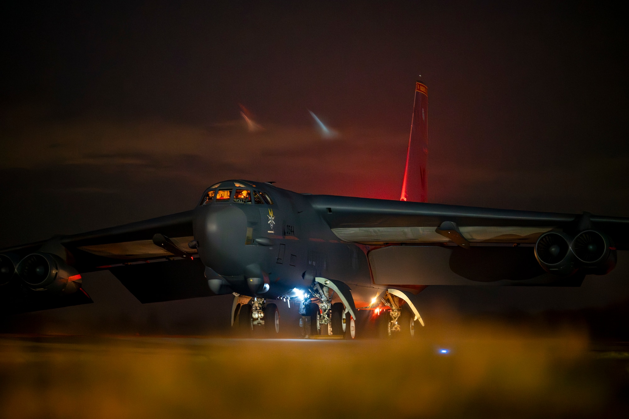 Ground crew members conduct post-flight checks on a U.S. Air Force B-52H Stratofortress aircraft at RAF Fairford, England, after completing a Bomber Task Force 25-2 deployment mission, Feb. 18, 2025. These operations validate the Air Force’s ability to execute long-range strike capabilities. (U.S. Air Force photo by Staff Sgt. Kristen Heller)