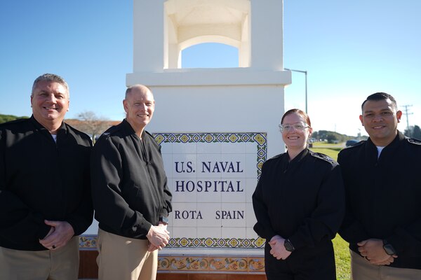 ROTA, Spain – Leadership from NMRTC Rota pose outside US Naval Hospital Rota with the Bureau of Medicine and Surgery (BUMED) Career Counselor of the Year, HM1 Megan Sanford. Career counselors serve as the link been sailors, commands, and Navy Personnel Commands, and play a pivotal role in helping sailors make sound career and transitioning decisions. (Photo by Lt. Cmdr. Jonathon Phillips/Released)