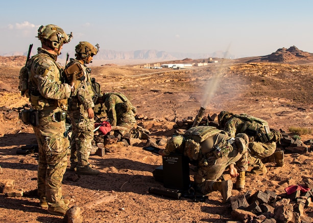 U.S. Army Soldiers assigned to B Company, 2nd Battalion, 22nd Infantry Regiment, 10th Mountain Division, Task Force Courage, conduct mortar live-fire training during the Jade Chameleon 25.1 exercise in the U.S. Central Command’s area of responsibility on Jan. 27, 2025. Exercises like Jade Chameleon 25.1 develop U.S. and Jordanian service members and enable increased military capacity to address threats to regional security.  (U.S. Army photo by Master Sgt. Alexa Brumfield)