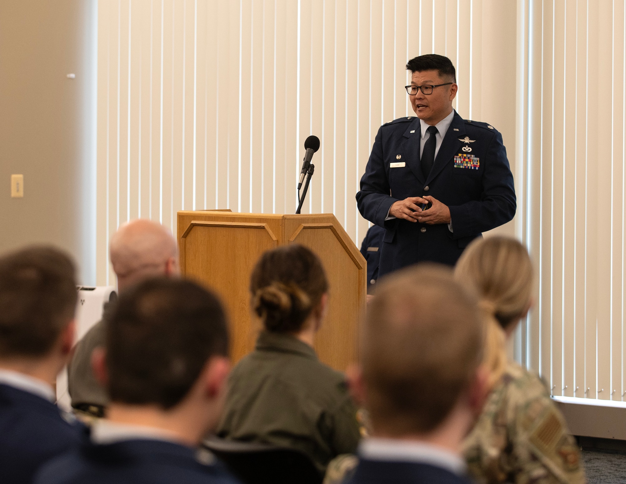 U.S. Air Force Lt. Col. Jiun Kam, commander, 133rd Communication Squadron, speaks at the redesignation ceremony in St. Paul, Minn., Feb. 1, 2025.