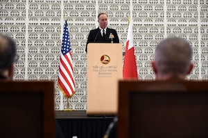 U.S. Navy Vice Adm. George Wikoff, commander of U.S. Naval Forces Central Command and U.S. 5th Fleet, delivers final remarks during the closing ceremony of International Maritime Exercise (IMX) 2025 in Manama, Bahrain.