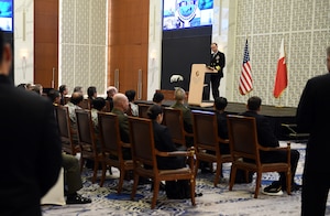 U.S. Navy Vice Adm. George Wikoff, commander of U.S. Naval Forces Central Command and U.S. 5th Fleet, delivers final remarks during the closing ceremony of International Maritime Exercise (IMX) 2025 in Manama, Bahrain.