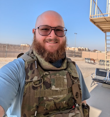 Tanner Cowan, newly licensed U.S. Army Corps of Engineers Expeditionary District professional engineer, preparing to travel to a project location in the U.S. Central Command’s area of responsibility.